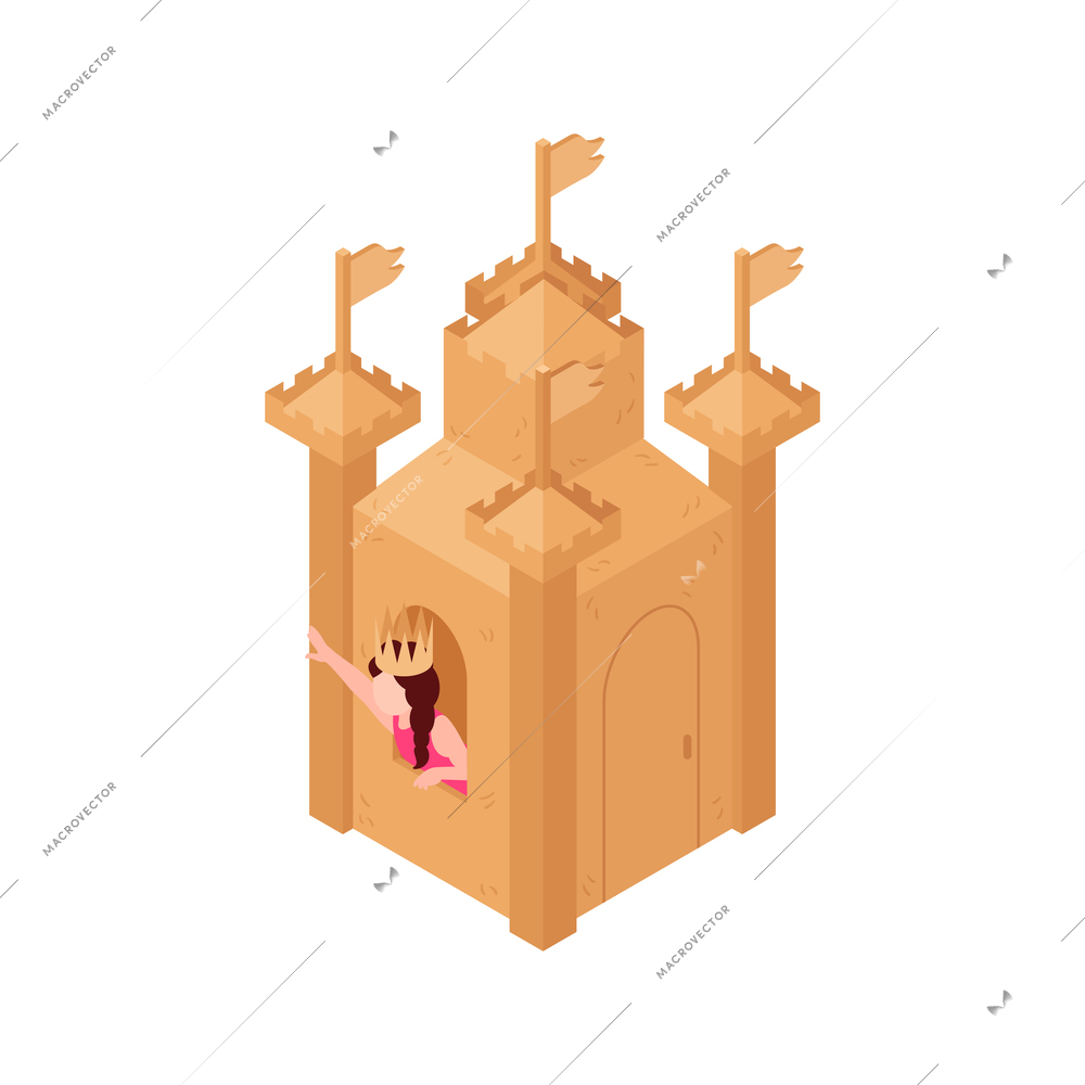 Isometric girl princess playing in cardboard castle 3d vector illustration
