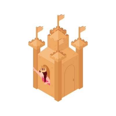 Isometric girl princess playing in cardboard castle 3d vector illustration