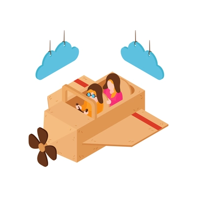 Children playing pilots in cardboard plane isometric vector illustration