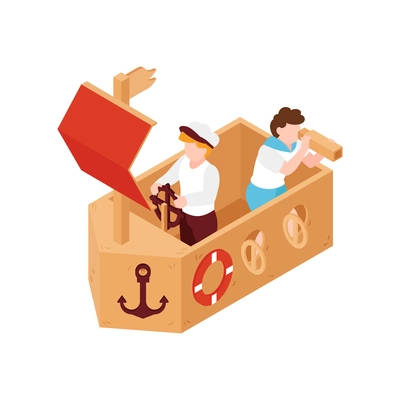 Isometric icon with boys sailors playing in cardboard ship 3d vector illustration