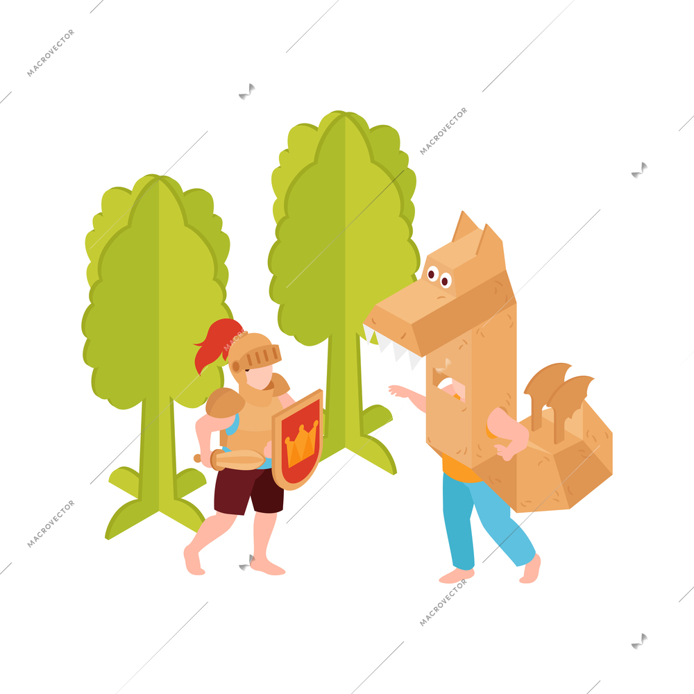 Kids playing wearing cardboard costumes of knight and dragon isometric vector illustration