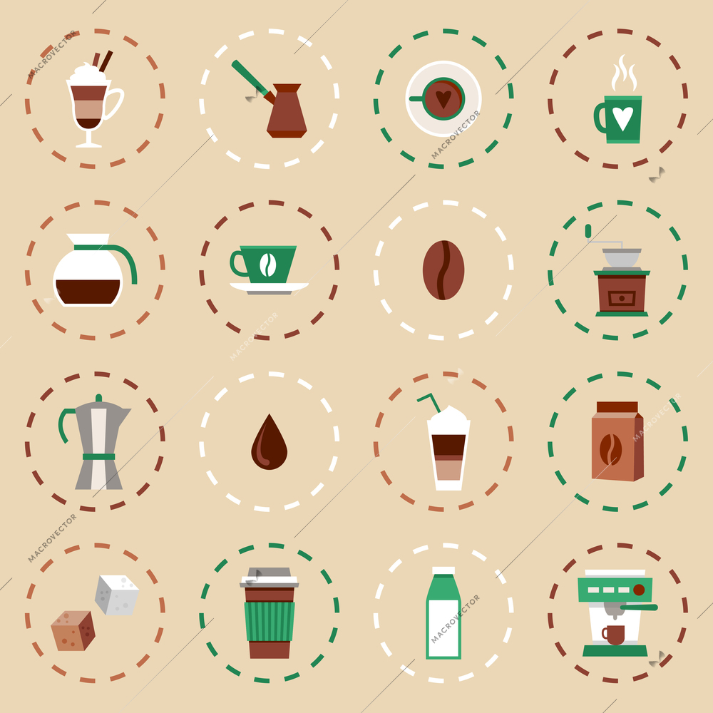 Coffee flat icons set with coffee-bulb turk french press isolated vector illustration