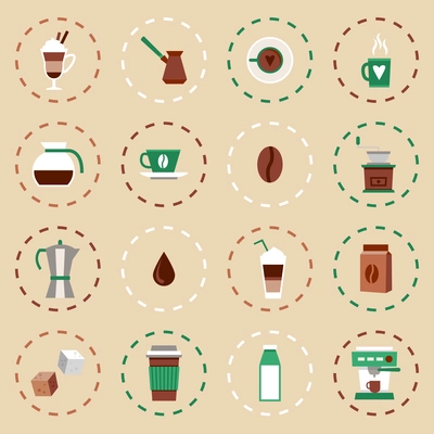 Coffee flat icons set with coffee-bulb turk french press isolated vector illustration