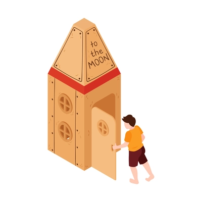 Isometric icon with little boy entering cardboard spaceship 3d vector illustration