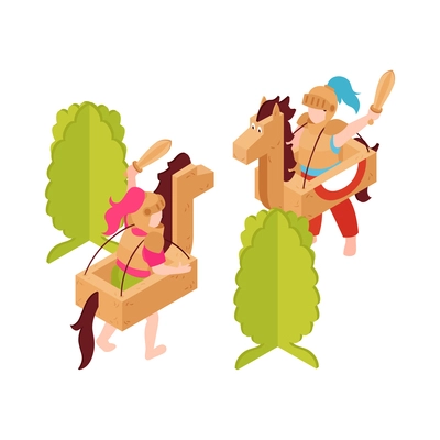 Children playing knights fighting on cardboard horses isometric vector illustration