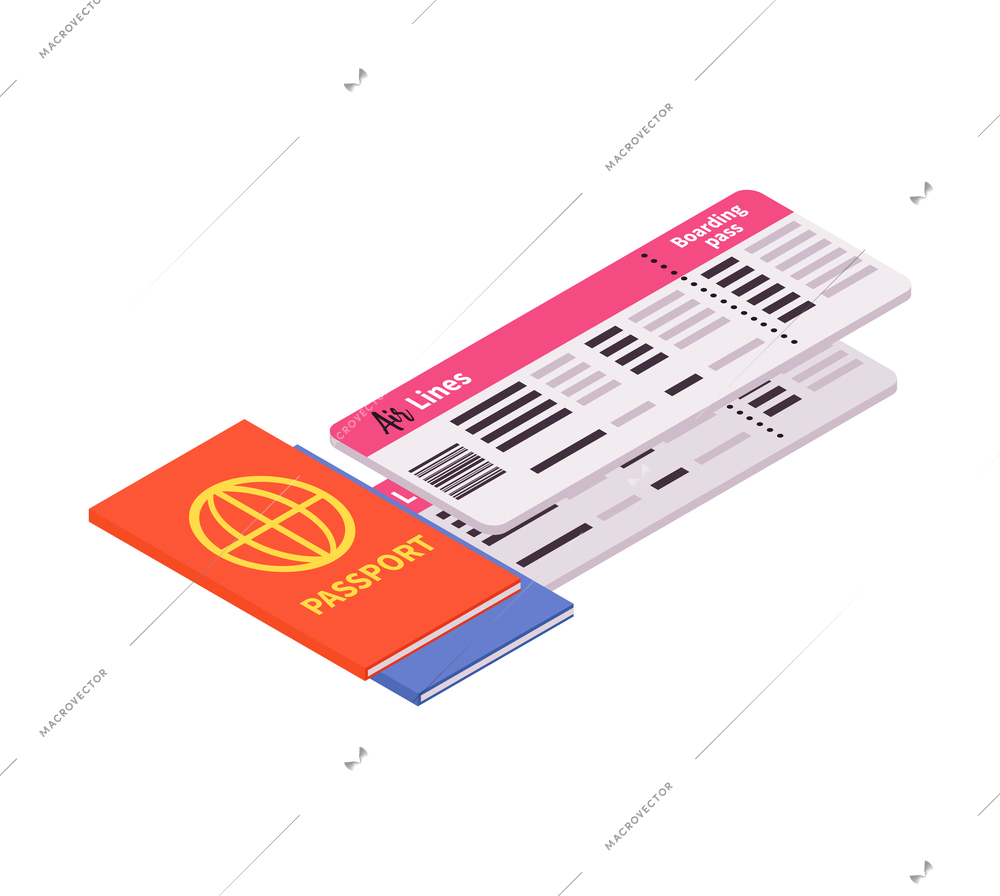 Air travel isometric icon with 3d boarding pass and passport vector illustration