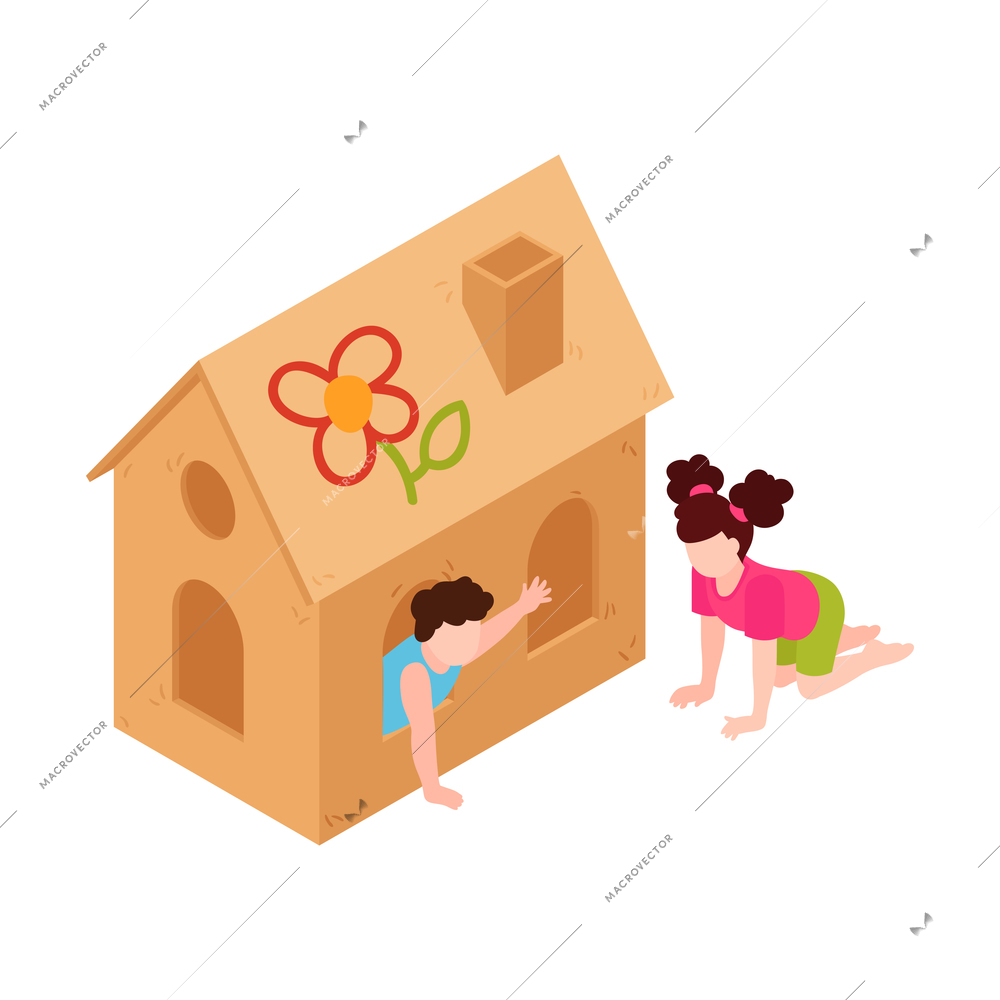 Two kids playing in cardboard paper house isometric vector illustration