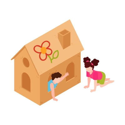 Two kids playing in cardboard paper house isometric vector illustration
