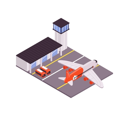 Air travel isometric composition with airport plane aerodrome 3d vector illustration