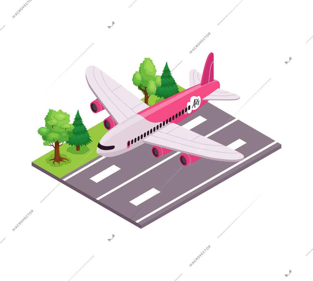 Air travel composition with plane on takeoff runway 3d isometric vector illustration