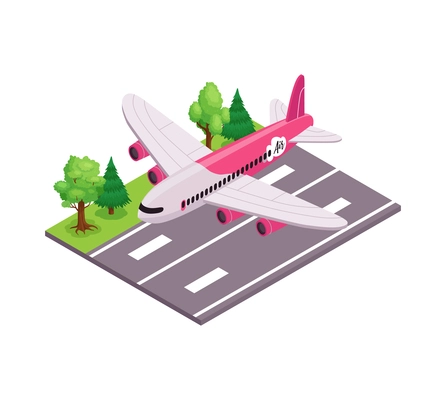 Air travel composition with plane on takeoff runway 3d isometric vector illustration