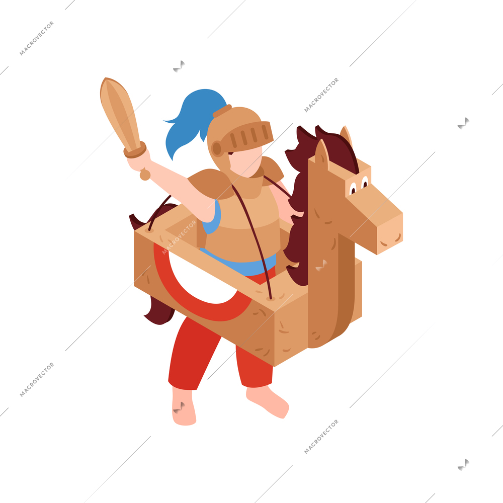 Isometric icon with boy wearing cardboard costume of knight with sword and horse 3d vector illustration