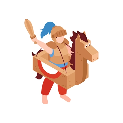 Isometric icon with boy wearing cardboard costume of knight with sword and horse 3d vector illustration