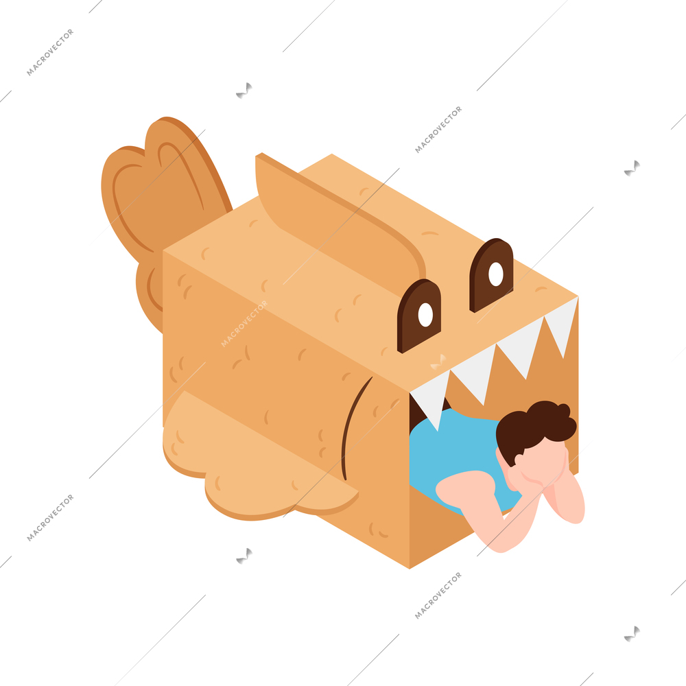 Kids craft isometric icon with boy lying inside cardboard fish 3d vector illustration