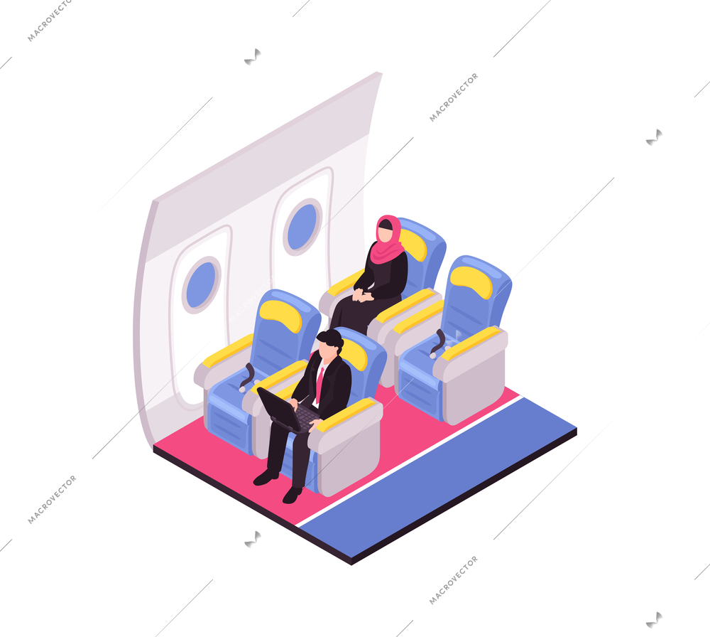 Air travel isometric icon with two passengers in business class 3d vector illustration