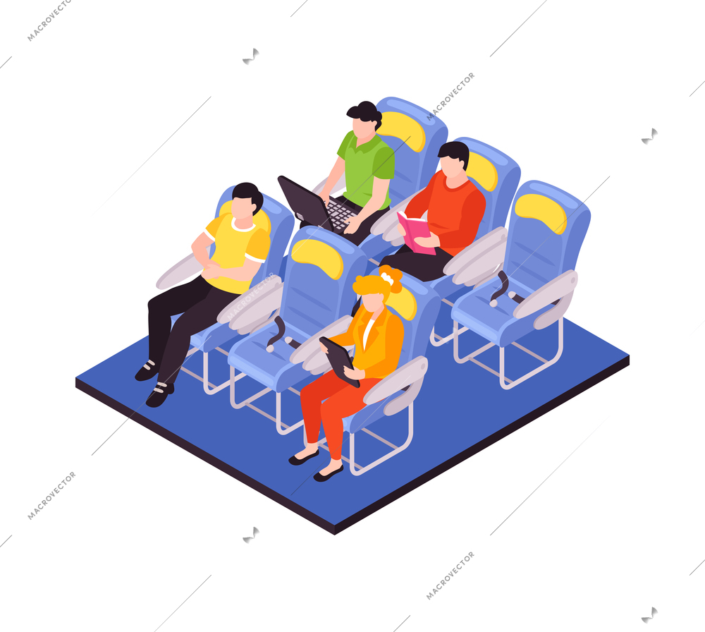 Air travel composition with passengers reading and working in economy class isometric vector illustration