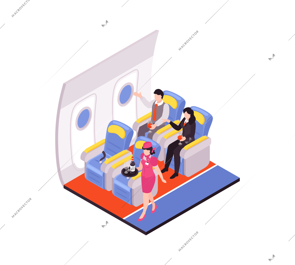 Air travel isometric composition with stewardess and two passengers drinking wine in business class 3d vector illustration