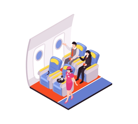 Air travel isometric composition with stewardess and two passengers drinking wine in business class 3d vector illustration