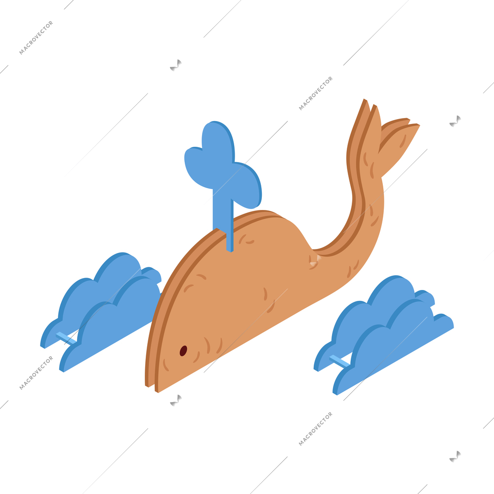 Isometric child paper craft with cardboard whale and waves 3d vector illustration