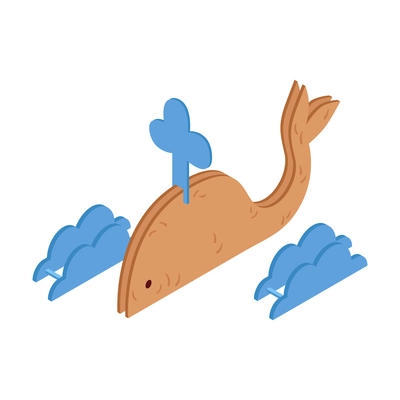 Isometric child paper craft with cardboard whale and waves 3d vector illustration