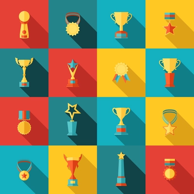 Trophy icons flat set of medallion success award winner medal isolated vector illustration