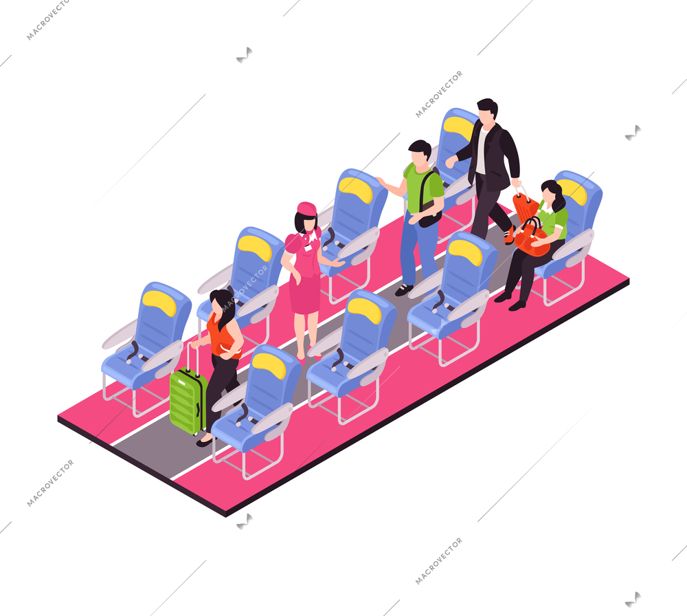 Air travel isometric composition with passengers leaving plane after landing 3d vector illustration