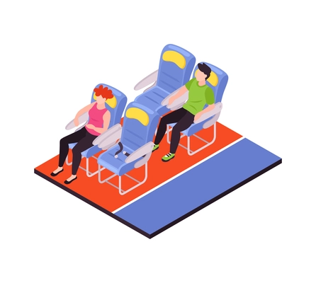 Air travel isometric composition with two passengers on their seats in airplane 3d vector illustration