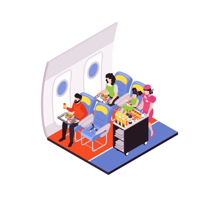 Air travel isometric composition with stewardess giving lunch to passengers 3d vector illustration