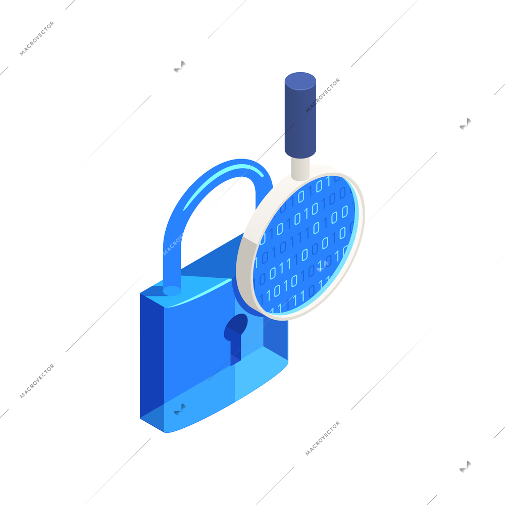 Isometric data protection icon with 3d images of lock and magnifier vector illustration