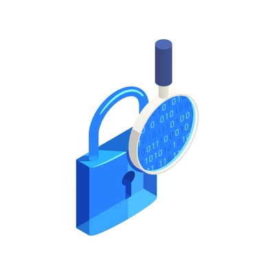 Isometric data protection icon with 3d images of lock and magnifier vector illustration