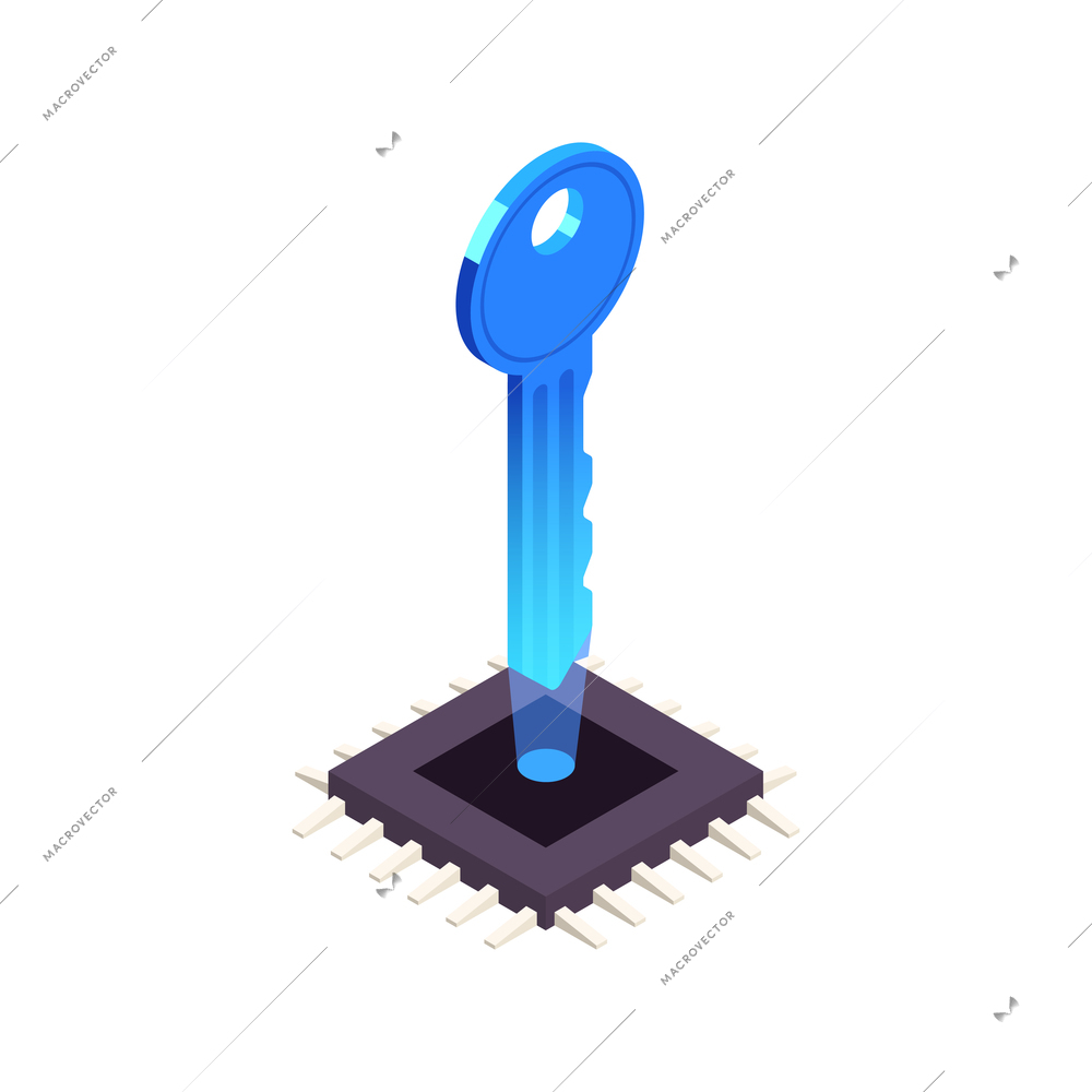 Data protection icon with 3d microprocessor and key isometric vector illustration