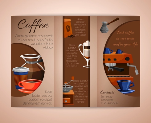 Coffee tri-fold brochure leaflet with cafe restaurant and home espresso cappuccino making vector illustration