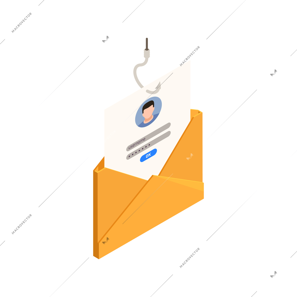 Privacy isometric icon with personal information on fishing hook 3d vector illustration