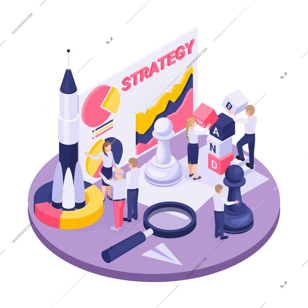 Branding isometric concept with colored strategy planning and logo creating symbols 3d vector illustration