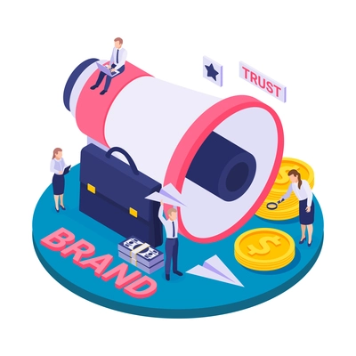 Branding concept with isometric images of megaphone coins briefcase and working human characters 3d vector illustration