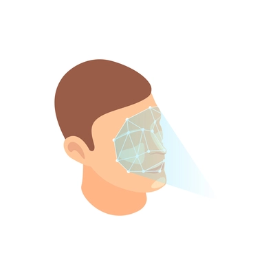 Privacy biometric authentication recognition icon with male face being scanned isometric vector illustration