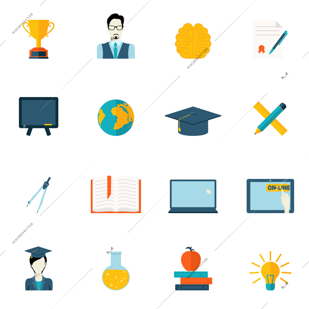 Education school university e-learning flat icons set with graduation science computer elements isolated vector illustration