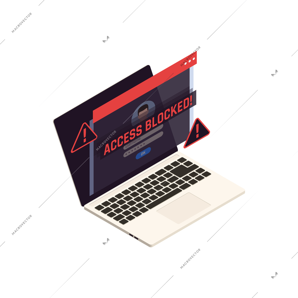 Data protection isometric icon with access blocked notification on laptop screen 3d vector illustration