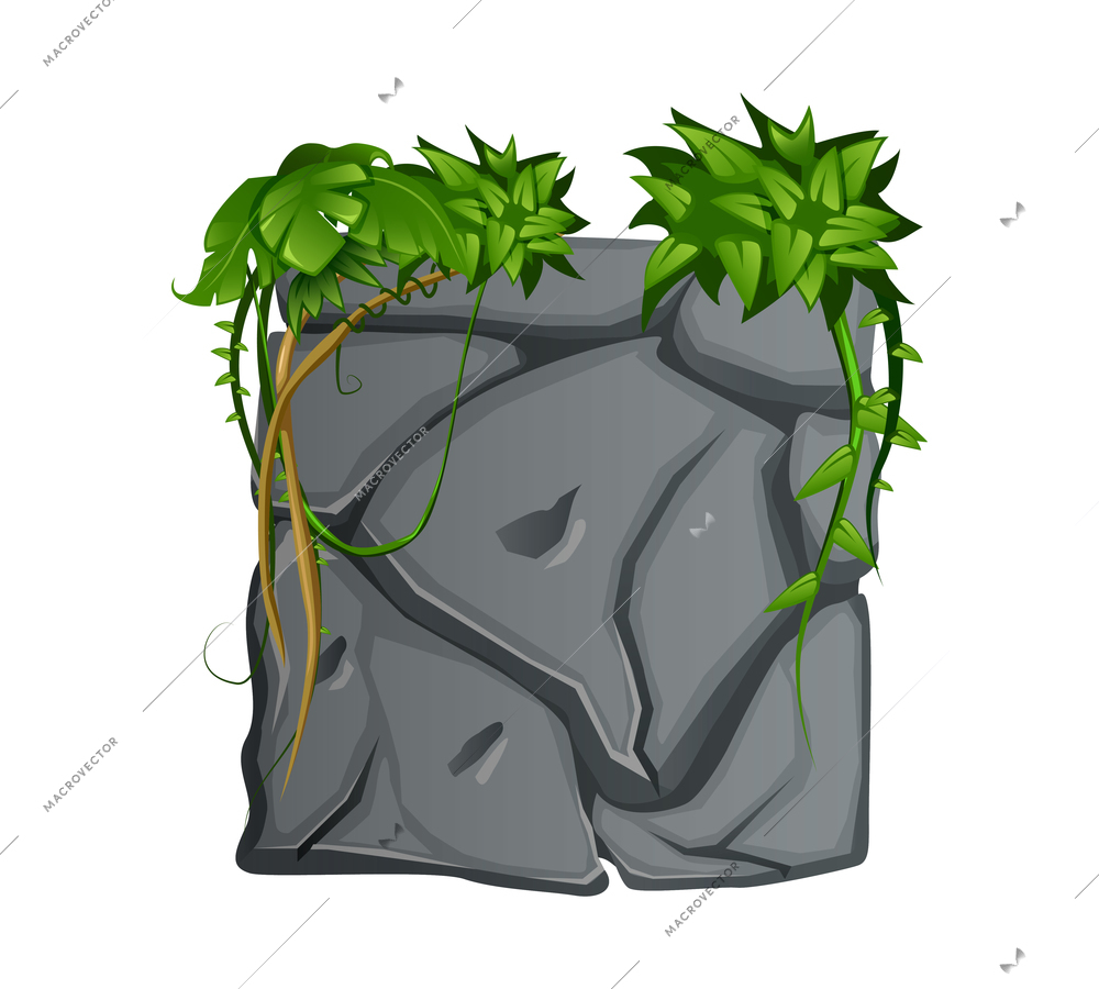 Square grey stone covered with tropical liana cartoon vector illustation