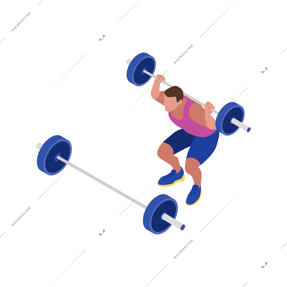 Fitness isometric icon with man lifting barbells 3d vector illustration