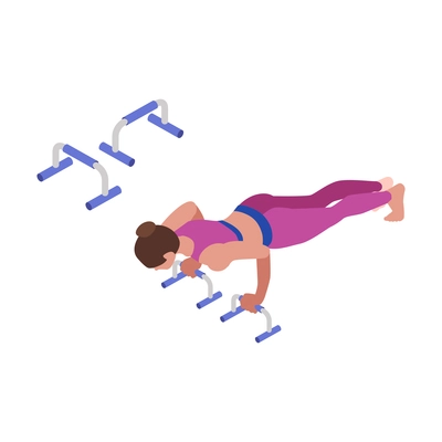 Fitness isometric icon with woman training with push up bars 3d isolated vector illustration