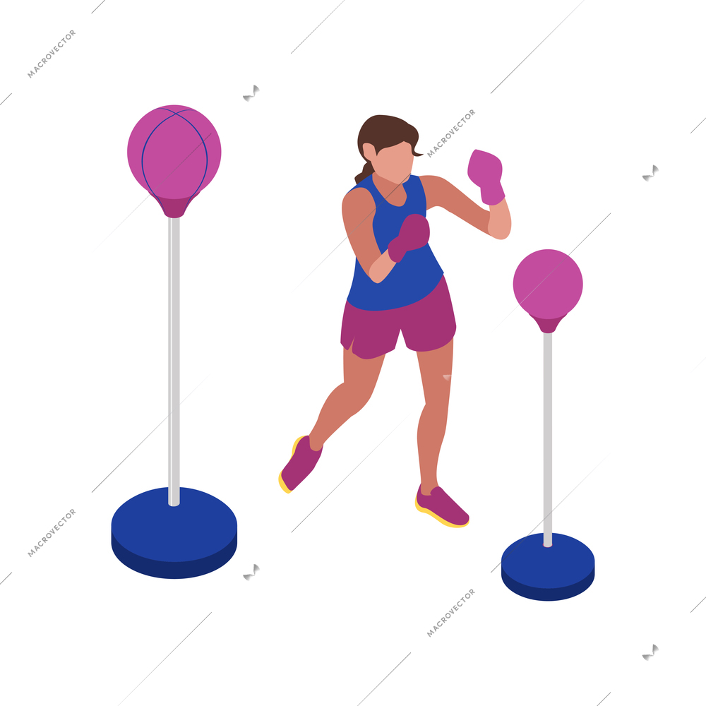 Fitness isometric icon with boxing woman in gym 3d vector illustration