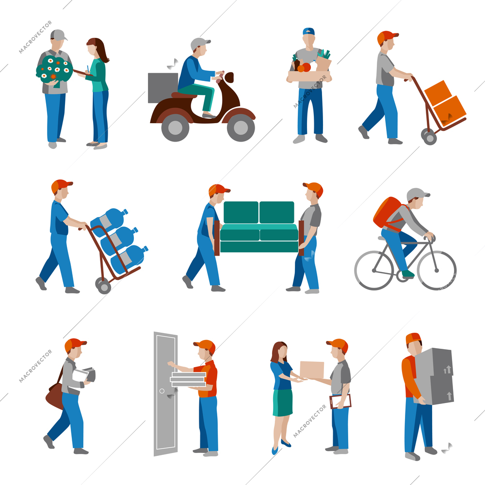 Delivery person freight logistic business industry icons flat set isolated vector illustration.