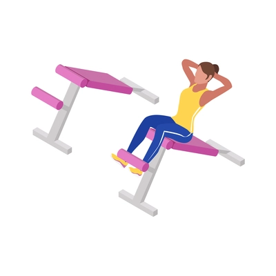 Fitness isometric icon with woman doing abdominal exercises in gym isolated vector illustration