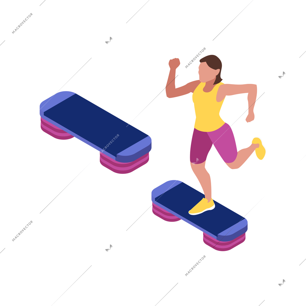 Isometric fitness icon with woman training with stepper in gym 3d isolated vector illustration