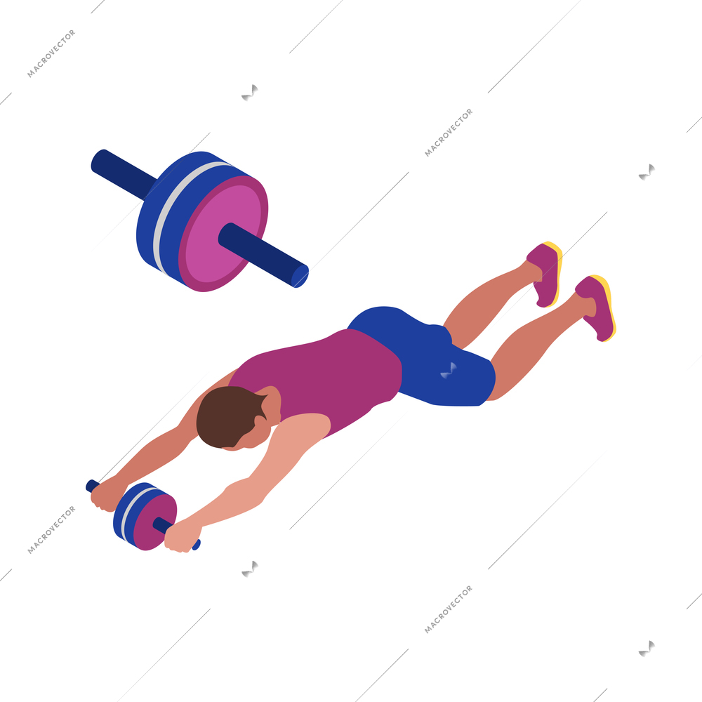 Fitness isometric icon with man training abdominal muscles with wheel isolated vector illustration