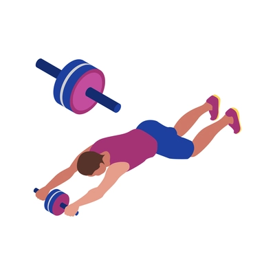 Fitness isometric icon with man training abdominal muscles with wheel isolated vector illustration