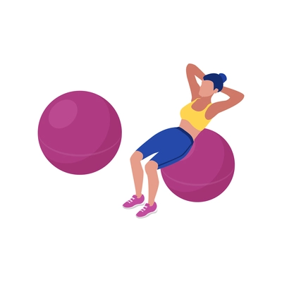 Woman doing fitness with fitball isometric isolated vector illustration