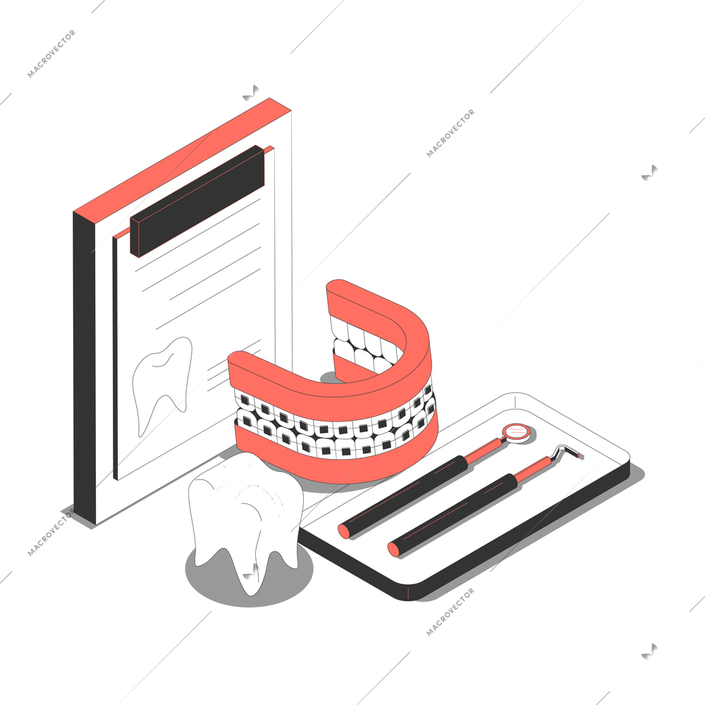 Isometric dentistry composition with dental prosthesis and instruments 3d vector illustration