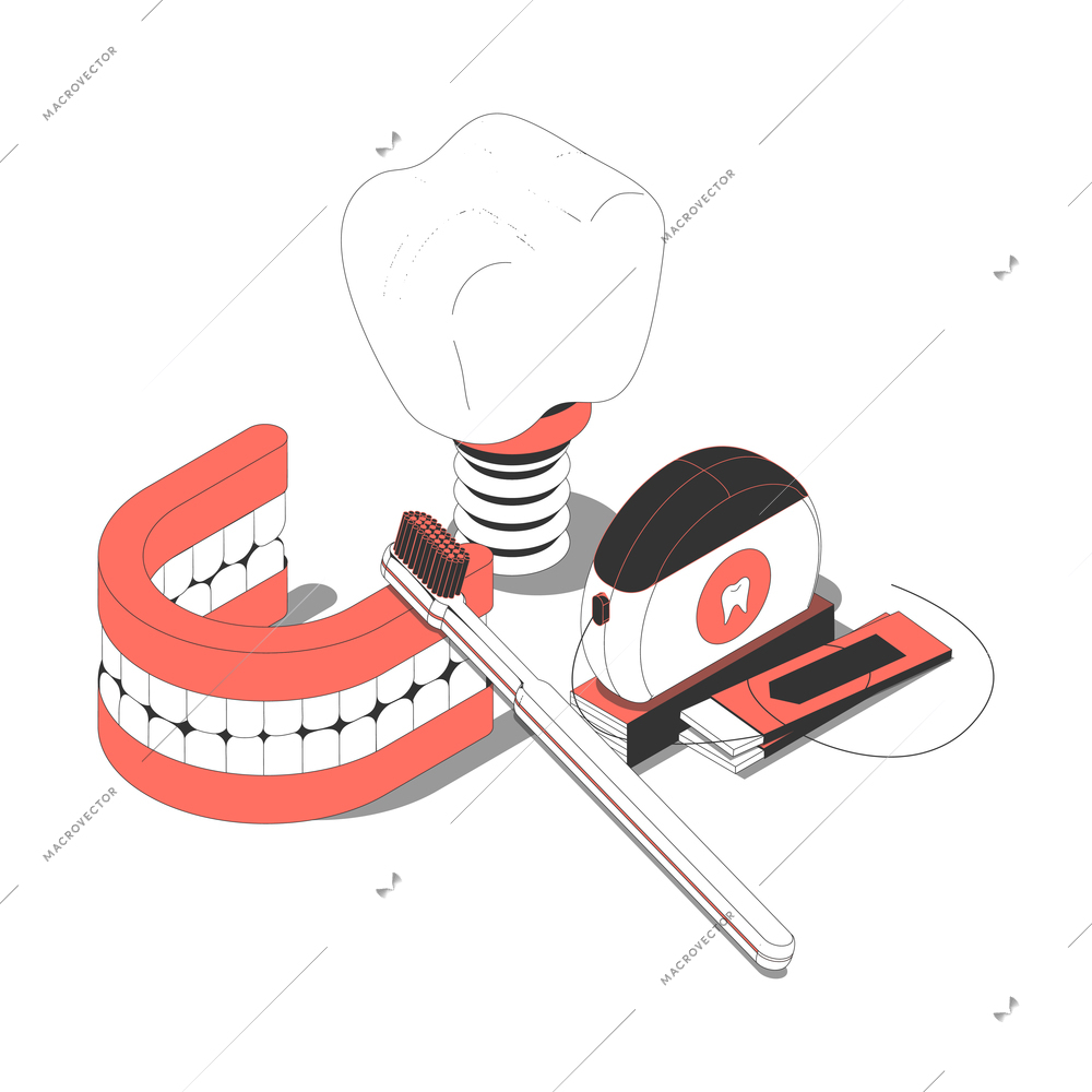 Dentistry isometric composition with dental floss implant prosthesis toothbrush gum 3d vector illustration